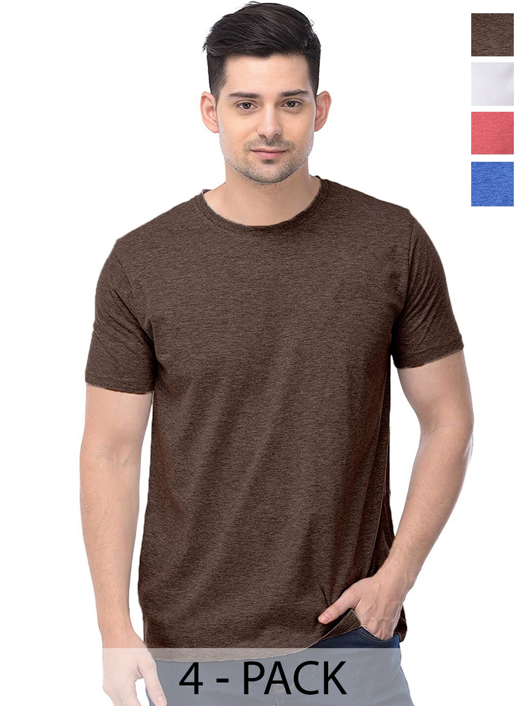 

COLOR CAPITAL Pack Of 4 Short Sleeves Cotton T-shirts, Brown