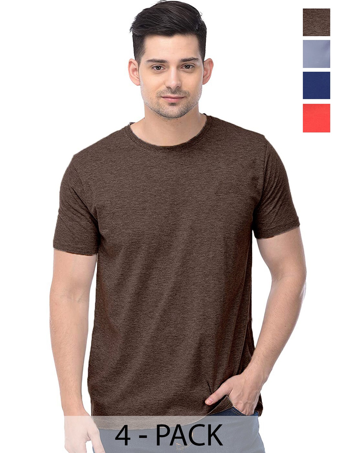 

COLOR CAPITAL Unisex Pack Of 4 Round Neck Casual Cotton T-shirts, Brown