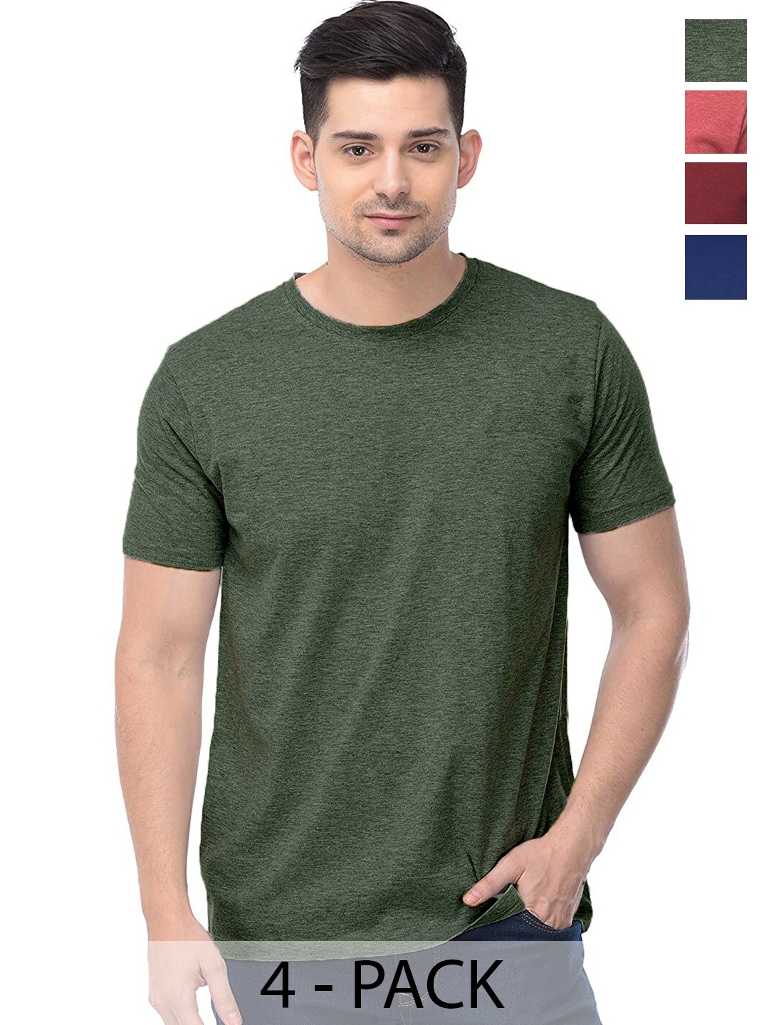 

COLOR CAPITAL Unisex Pack Of 4 Round Neck Cotton T-shirt, Green