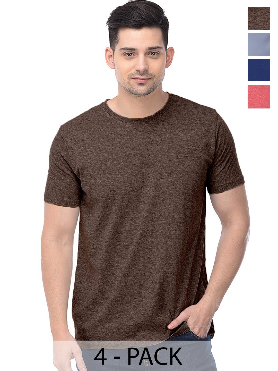

COLOR CAPITAL Unisex Pack Of 4 Round Neck Cotton T-shirt, Brown