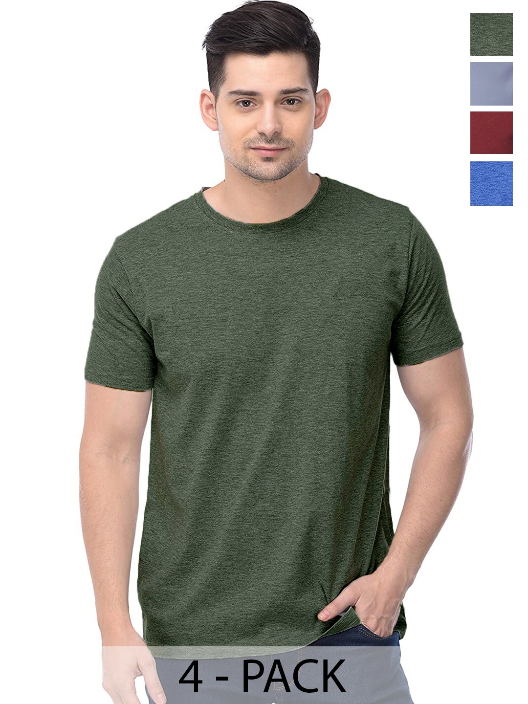 

COLOR CAPITAL Pack Of 4 Short Sleeves Cotton T-shirt, Olive