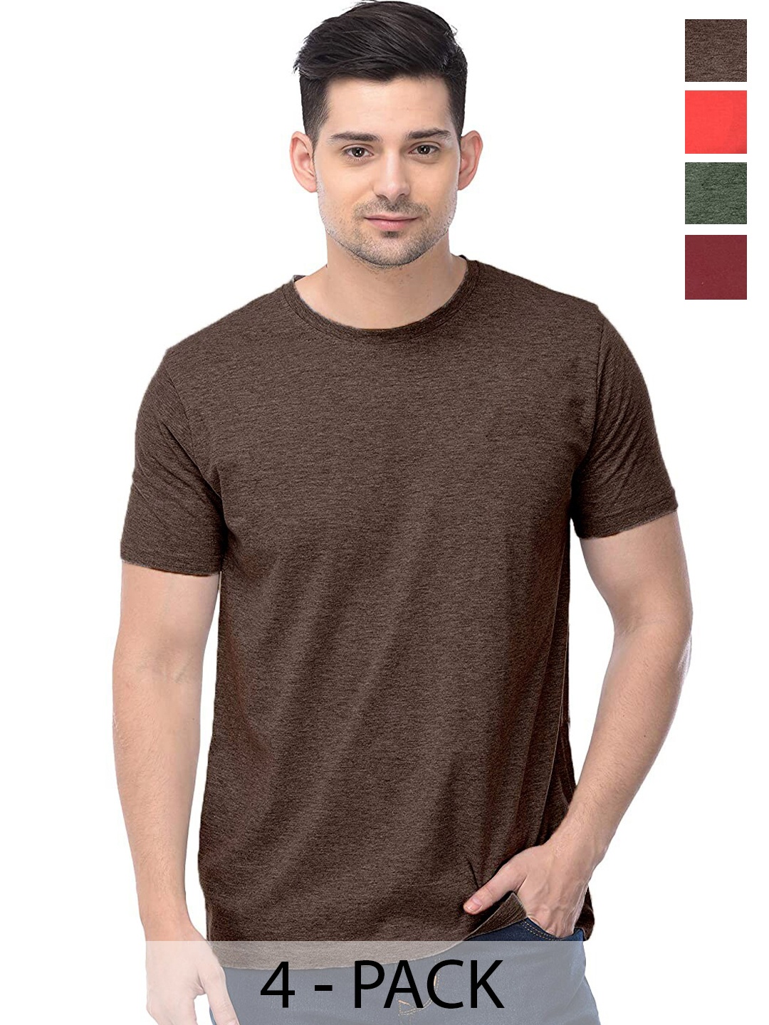 COLOR CAPITAL Unisex Brown & Red Pack Of 4 Cotton T-shirts