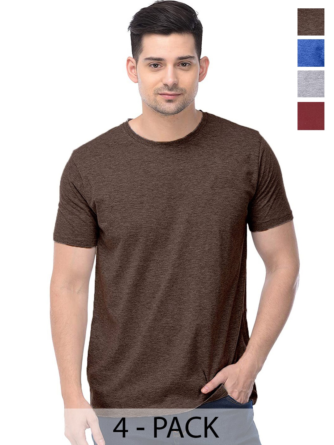 

COLOR CAPITAL Unisex Pack Of 4 Round Neck Cotton T-shirt, Brown