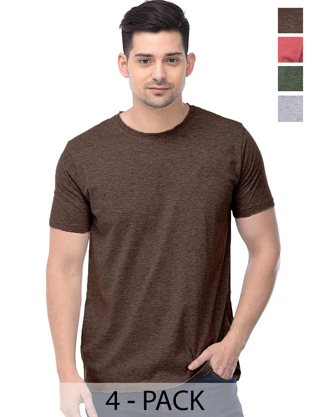 

COLOR CAPITAL Pack of 4 Round Neck Cotton T-Shirts, Brown
