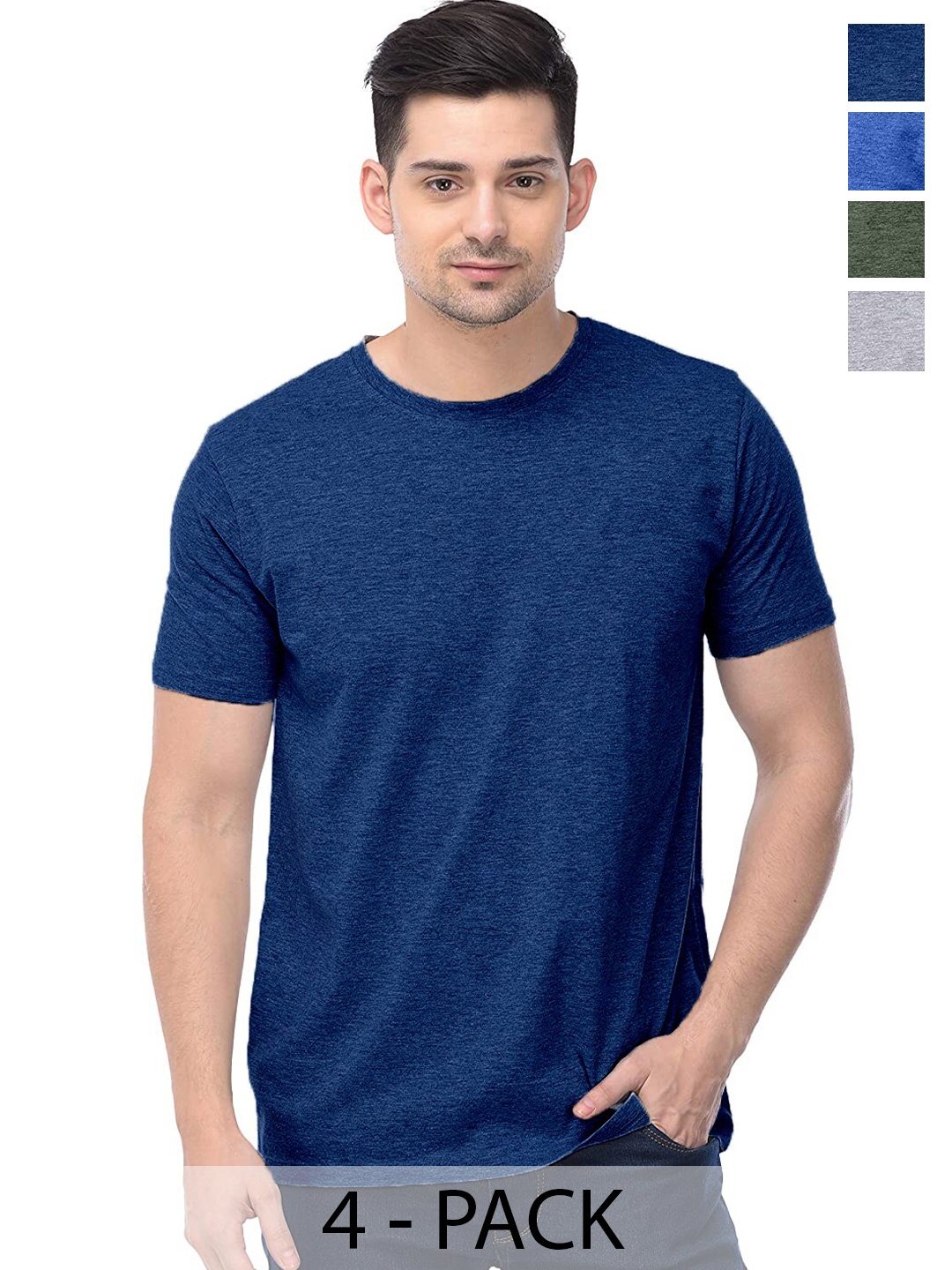 

COLOR CAPITAL Unisex Pack Of 4 Round Neck Casual Cotton T-shirts, Navy blue