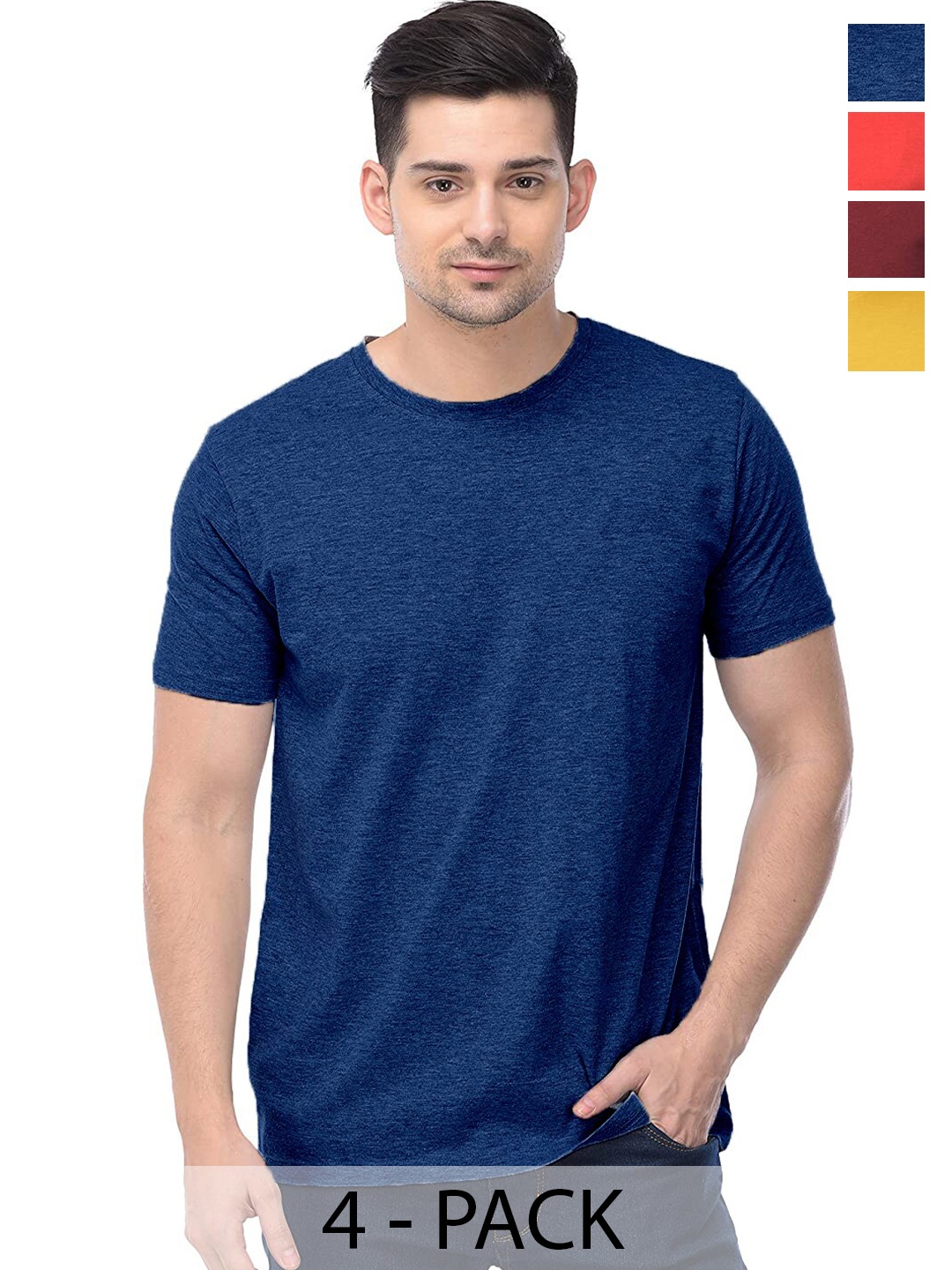 

COLOR CAPITAL Unisex Pack Of 4 Round Neck Cotton T-shirt, Blue