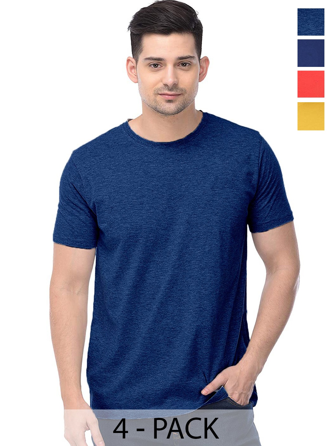 

COLOR CAPITAL Unisex Pack Of 4 Round Neck Short Sleeves Cotton T-shirt, Navy blue