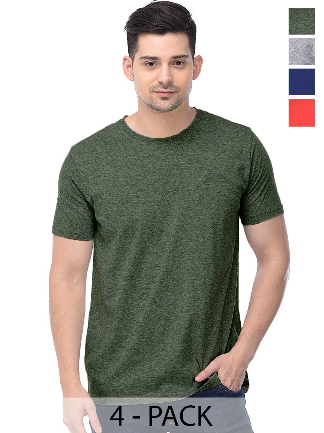 

COLOR CAPITAL Unisex Pack Of 4 Round Neck Cotton T-shirt, Olive