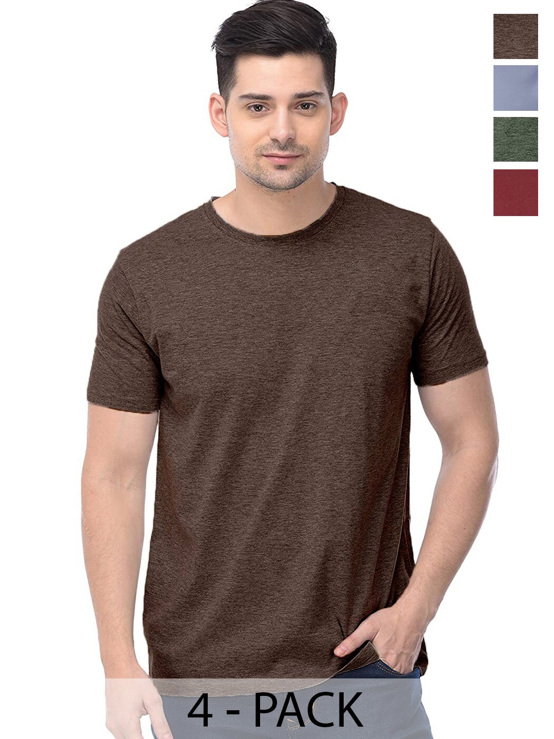 COLOR CAPITAL Pack of 4 Round Neck Cotton T-Shirts, Coffee brown