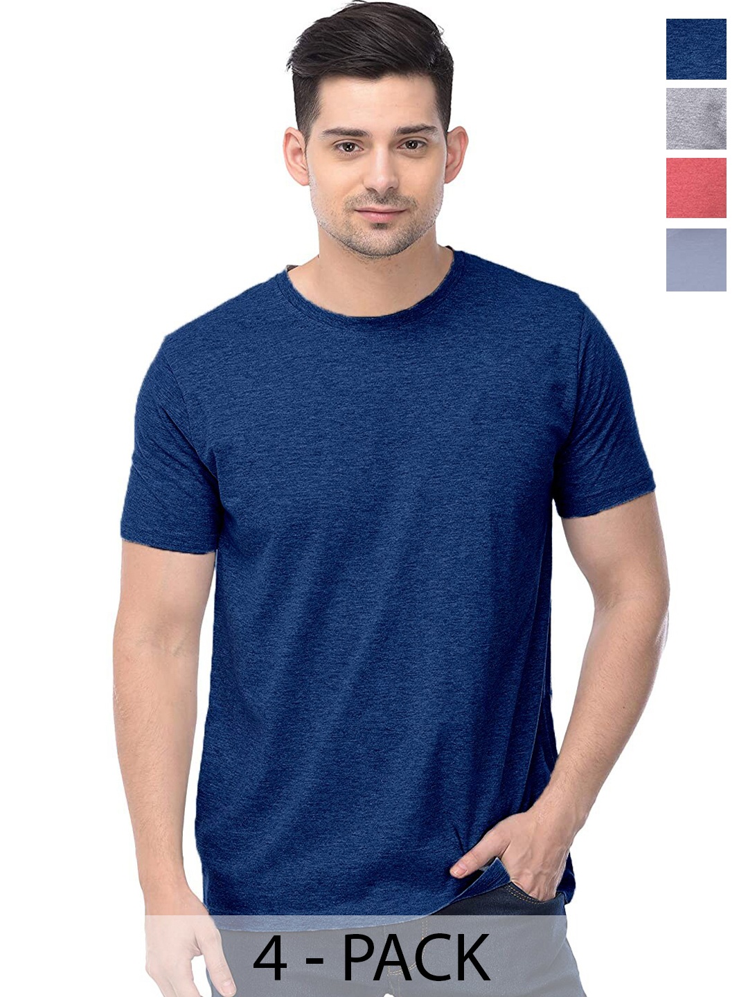 COLOR CAPITAL Pack of 4 Cotton Round Neck T-shirts, Blue