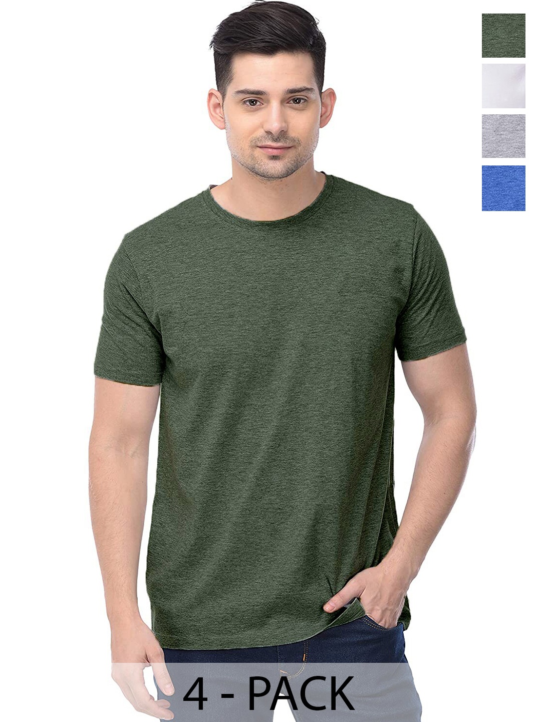 

COLOR CAPITAL Unisex Pack Of 4 Round Neck Cotton T-shirt, Green