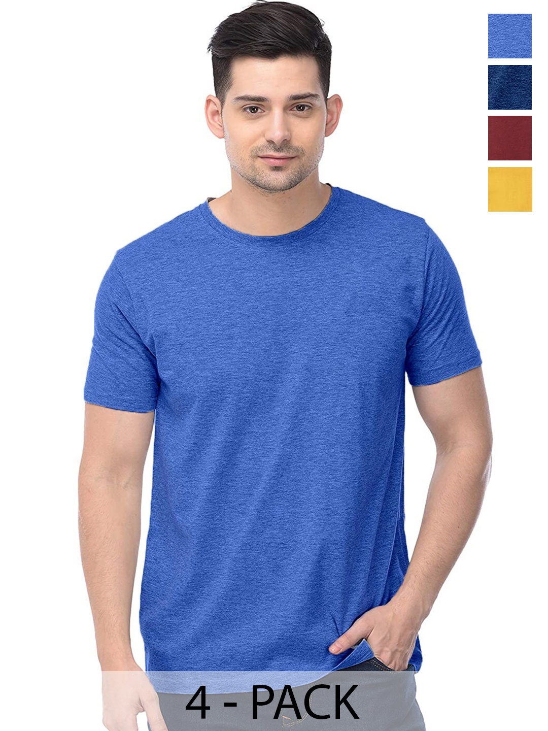 

COLOR CAPITAL Unisex Pack Of 4 Round Neck Cotton T-shirt, Blue