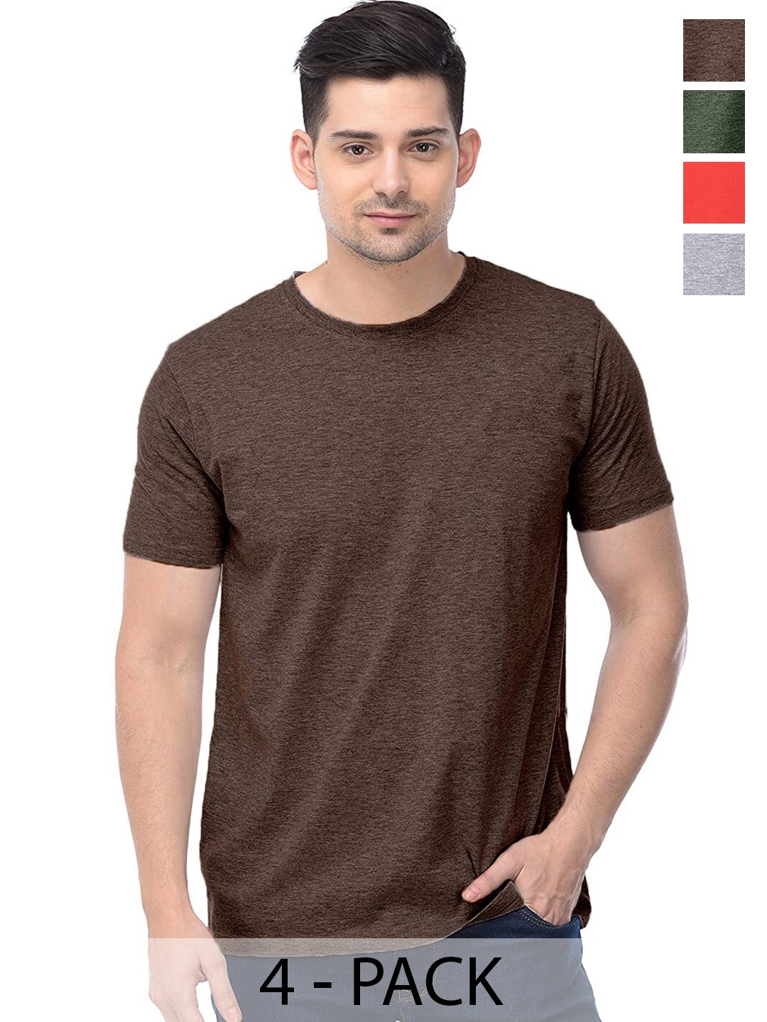 

COLOR CAPITAL Unisex Pack Of 4 Round Neck Cotton Casual T-shirt, Brown