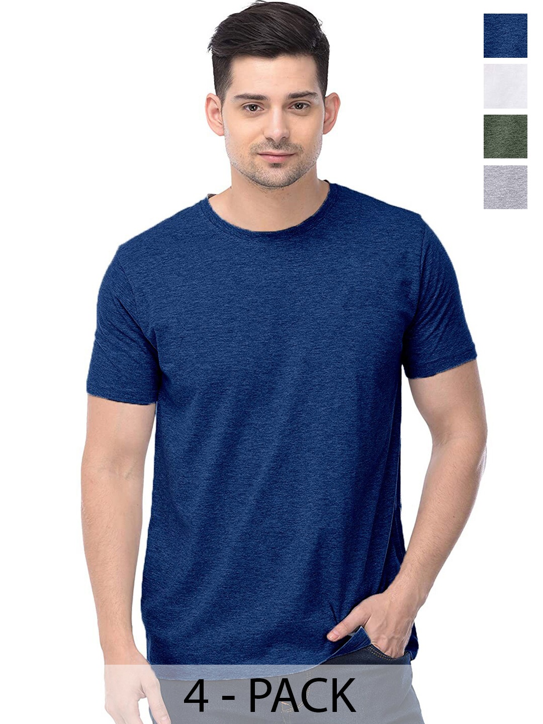 

COLOR CAPITAL Unisex Pack Of 4 Round Neck Cotton T-shirt, Blue
