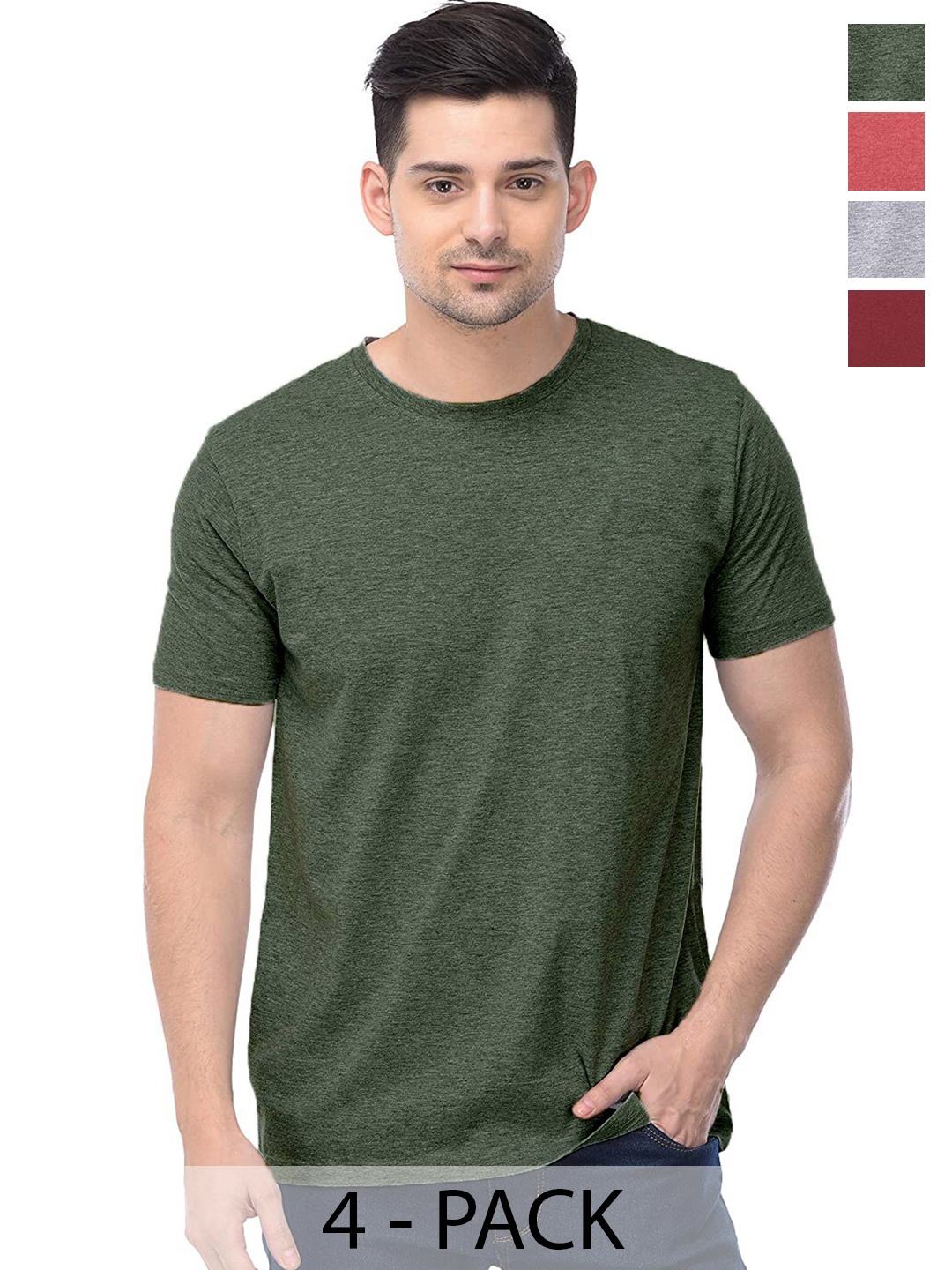 COLOR CAPITAL Unisex Pack Of 4 Round Neck Casual Cotton T-shirts, Green