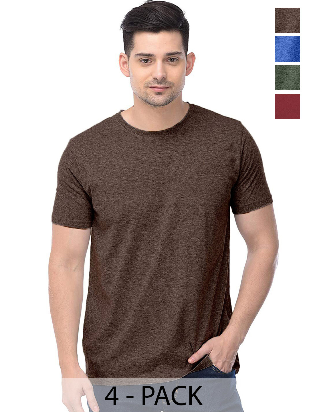 

COLOR CAPITAL Pack of 4 Round Neck Cotton T-Shirts, Coffee brown