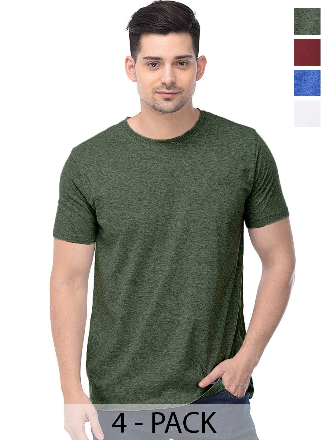 

COLOR CAPITAL Unisex Pack Of 4 Short Sleeves Cotton T-shirts, Olive