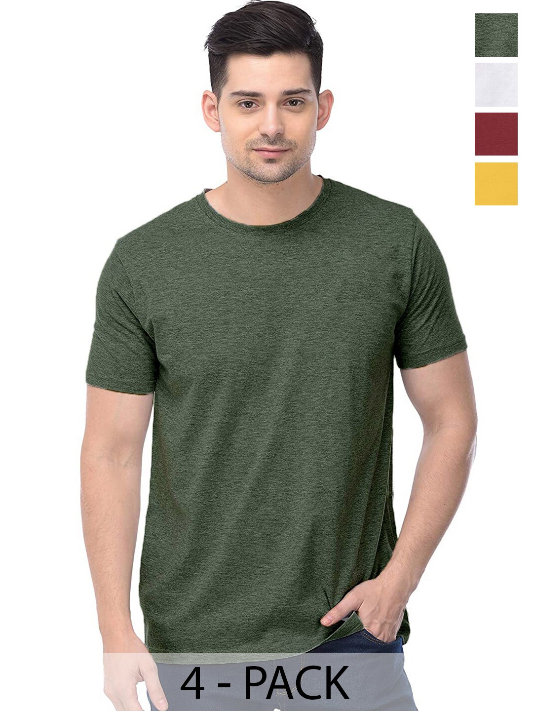 

COLOR CAPITAL Pack of 4 Round Neck Cotton T-Shirts, Green