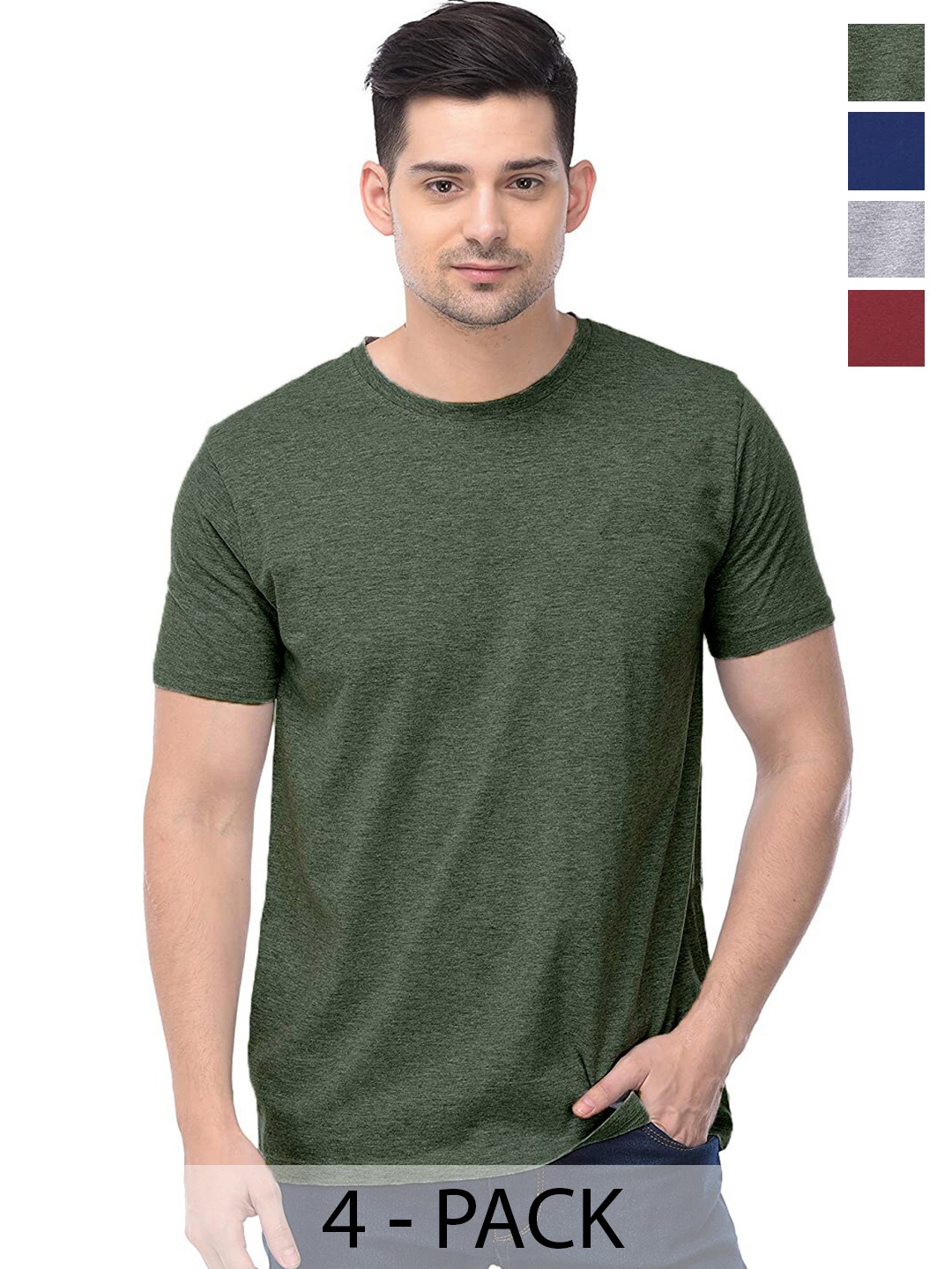 

COLOR CAPITAL Unisex Pack Of 4 Round Neck Casual Cotton T-shirts, Olive