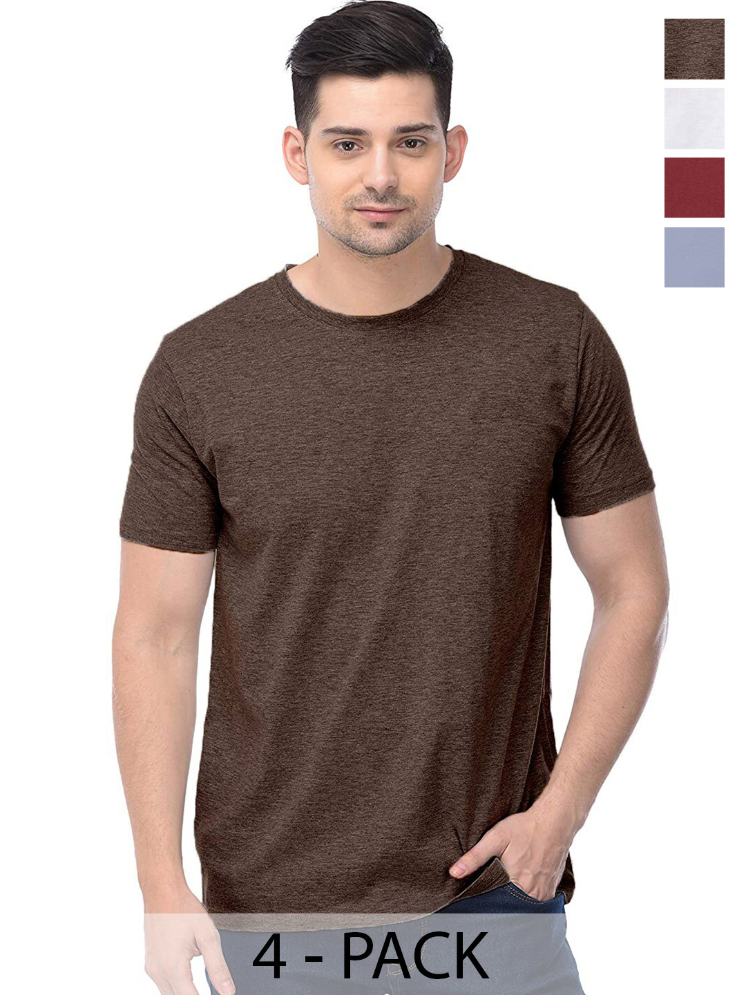 

COLOR CAPITAL Unisex Pack Of 4 Round Neck Casual Cotton T-shirts, Brown