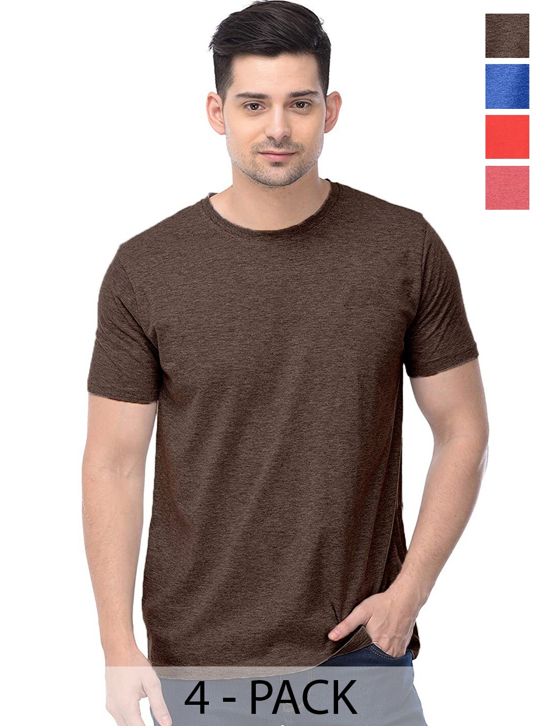 

COLOR CAPITAL Pack Of 4 Short Sleeves Cotton T-shirt, Brown