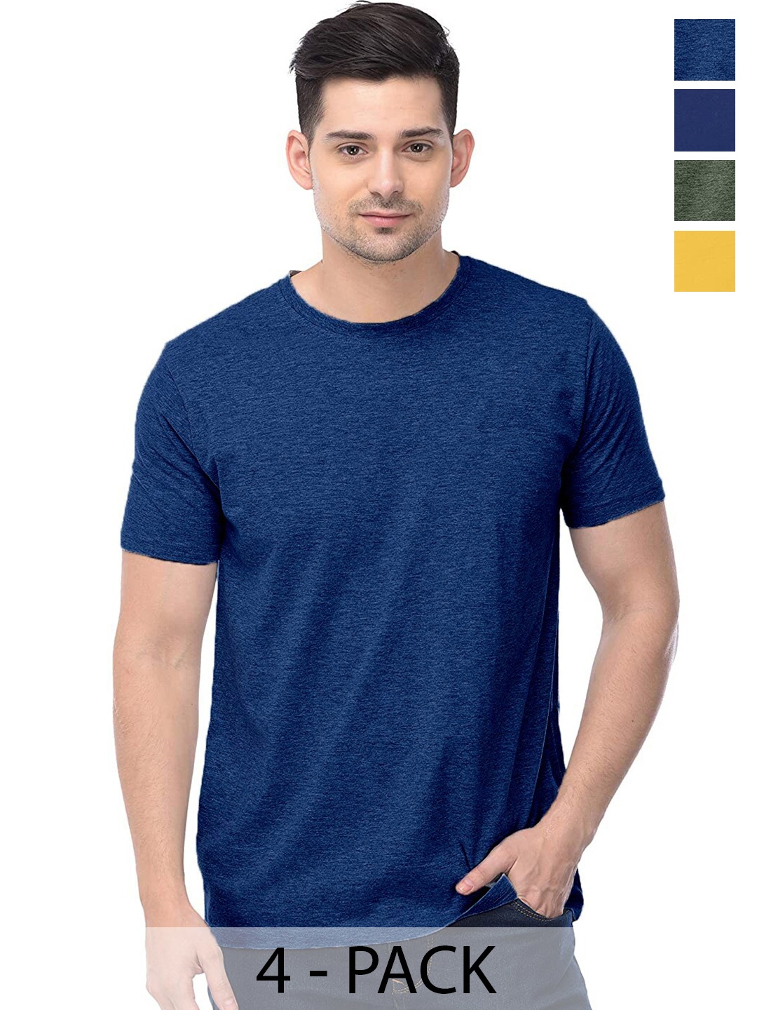 

COLOR CAPITAL Unisex Pack Of 4 Round Neck Cotton Casual T-shirt, Blue