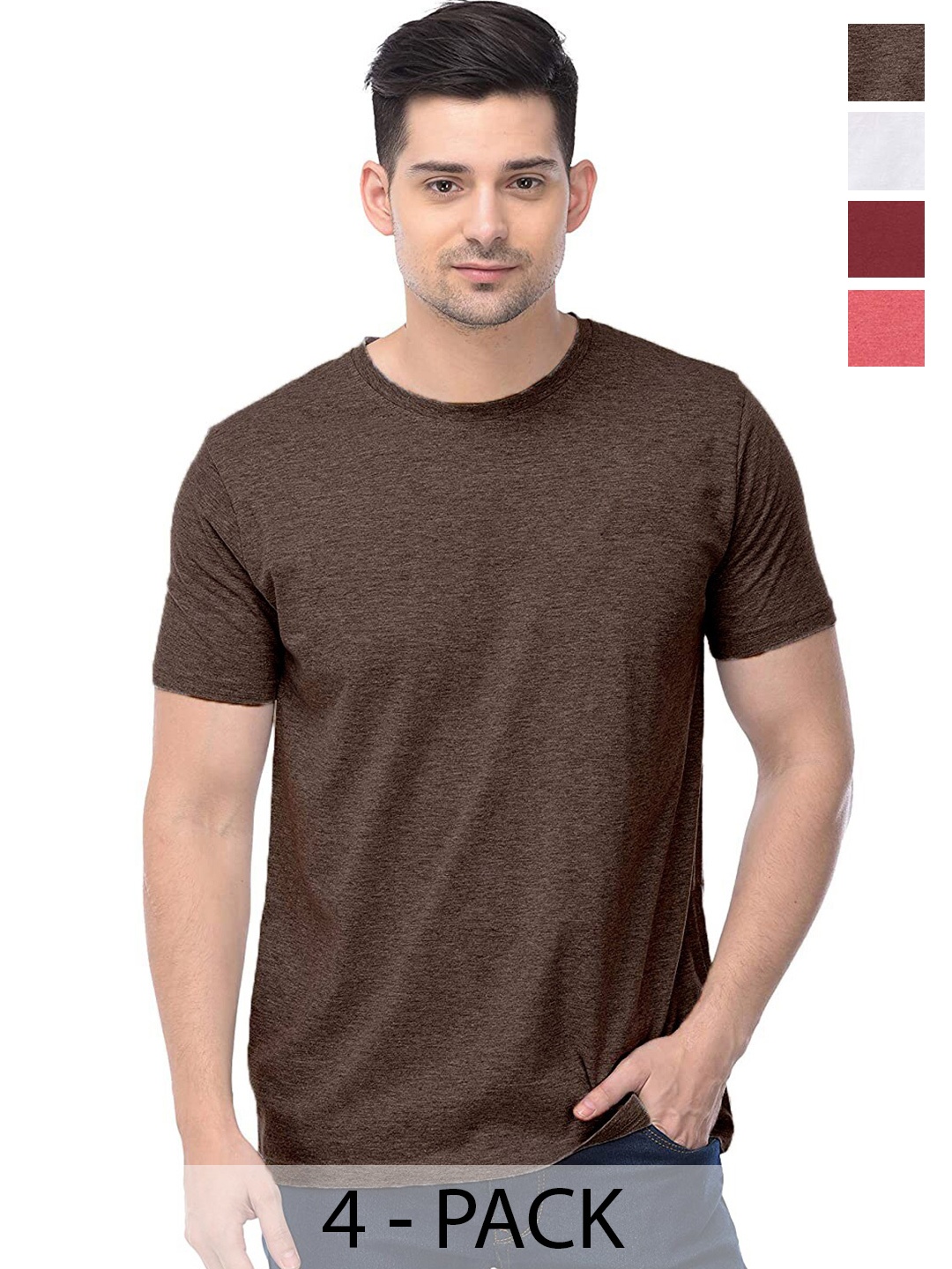 COLOR CAPITAL Pack of 4 Cotton Round Neck T-shirts, Brown