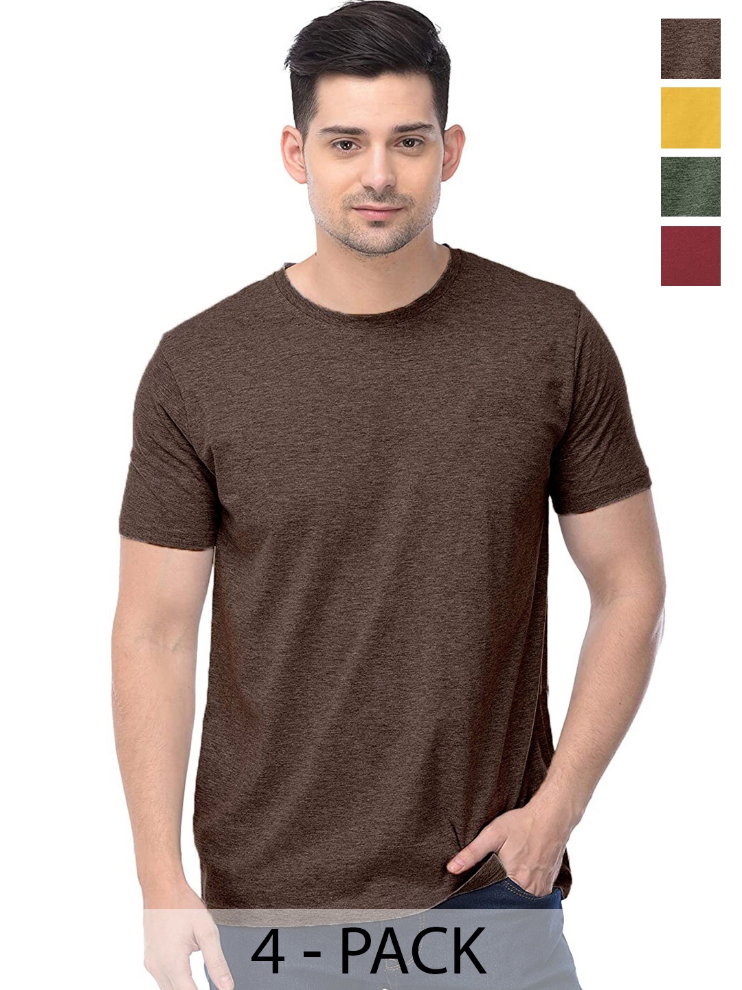 

COLOR CAPITAL Pack of 4 Cotton Round Neck T-shirts, Brown