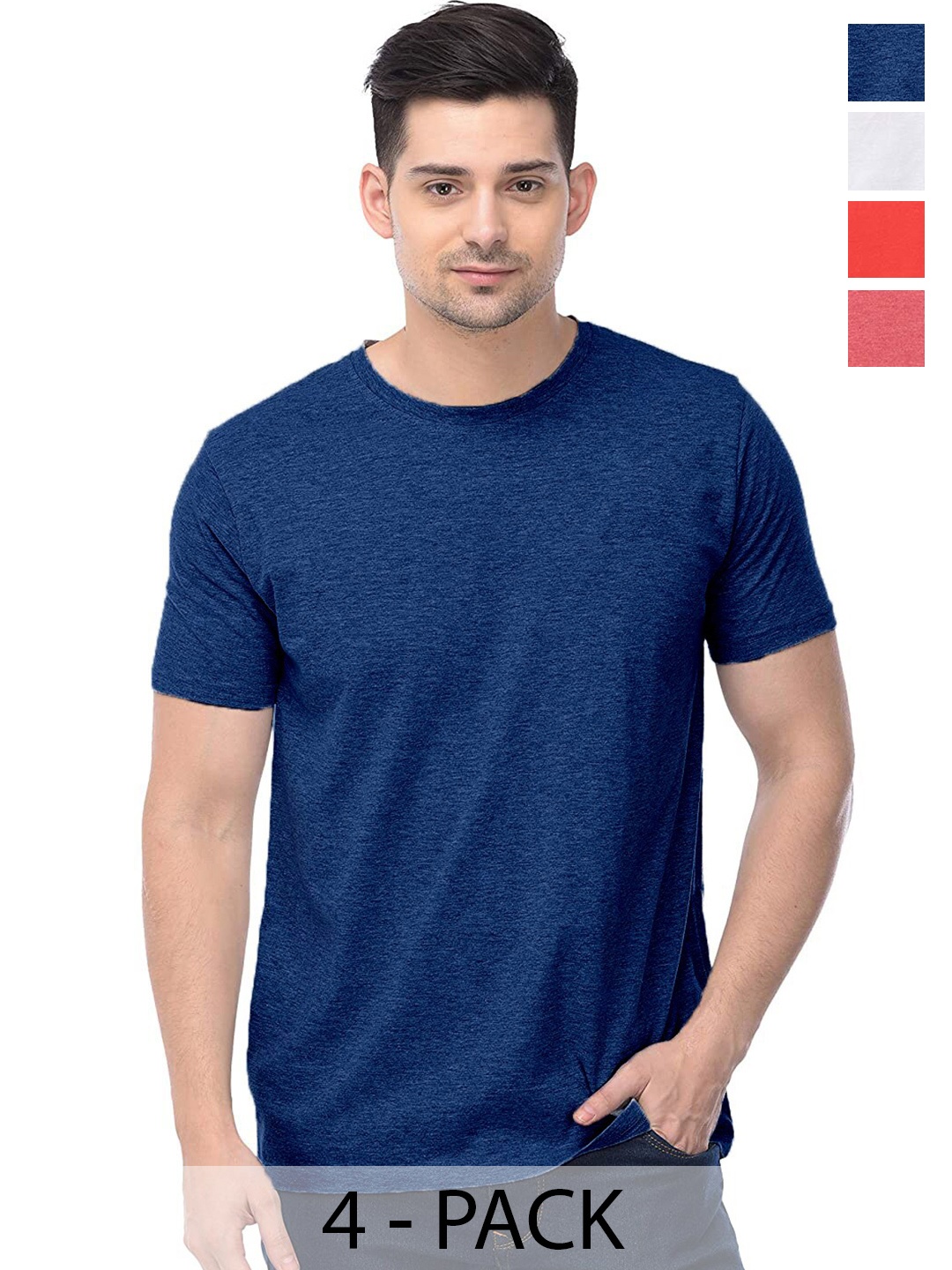 

COLOR CAPITAL Unisex Pack Of 4 Round Neck Short Sleeves Cotton T-shirts, Red