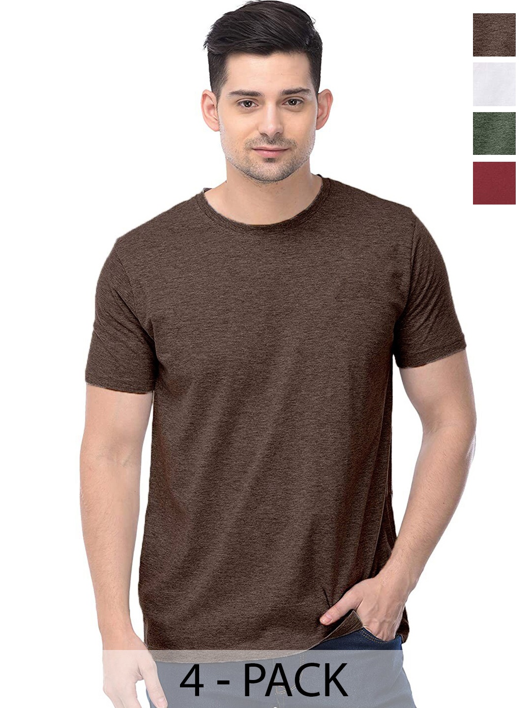 

COLOR CAPITAL Unisex Pack Of 4 Round Neck Cotton T-shirt, Brown