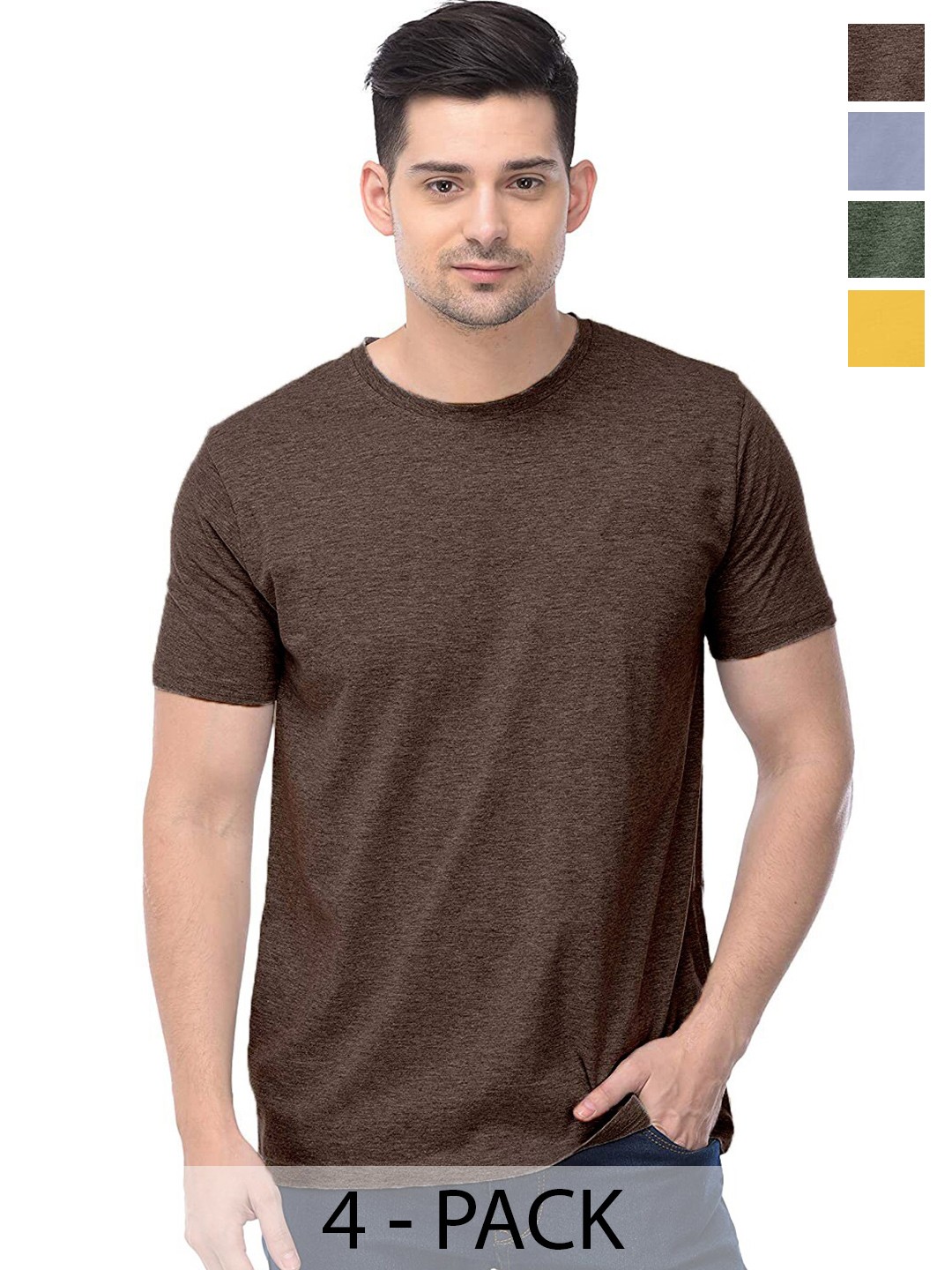 

COLOR CAPITAL Unisex Pack Of 4 Round Neck Short Sleeves Cotton T-shirt, Brown