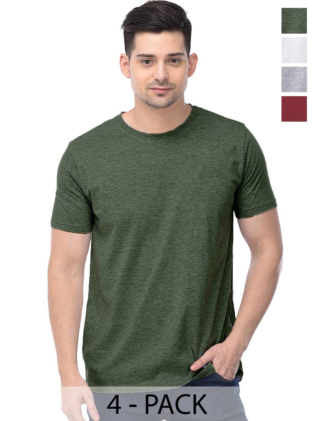 COLOR CAPITAL Unisex Pack Of 4 Round Neck Casual Cotton T-shirts, Olive