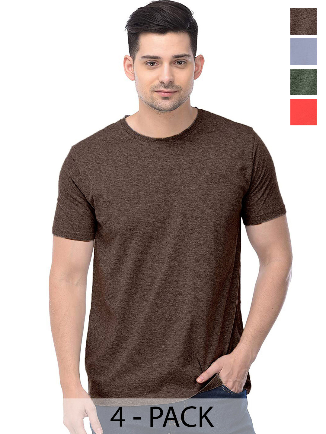 

COLOR CAPITAL Unisex Brown & Grey Pack Of 4 Round Neck Short Sleeves Cotton T-shirts