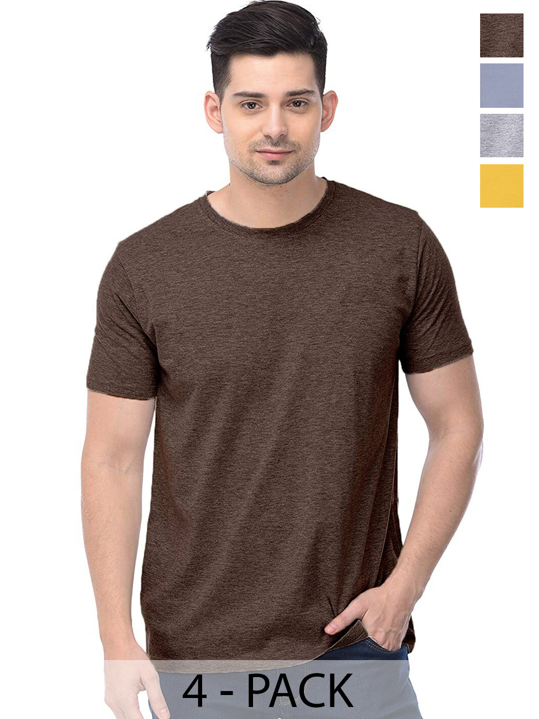 

COLOR CAPITAL Unisex Pack Of 4 Round Neck Cotton T-shirt, Brown