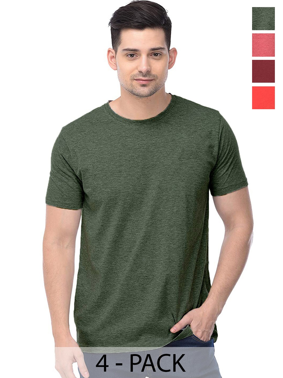 

COLOR CAPITAL Unisex Pack Of 4 Round Neck Cotton Casual T-shirt, Olive