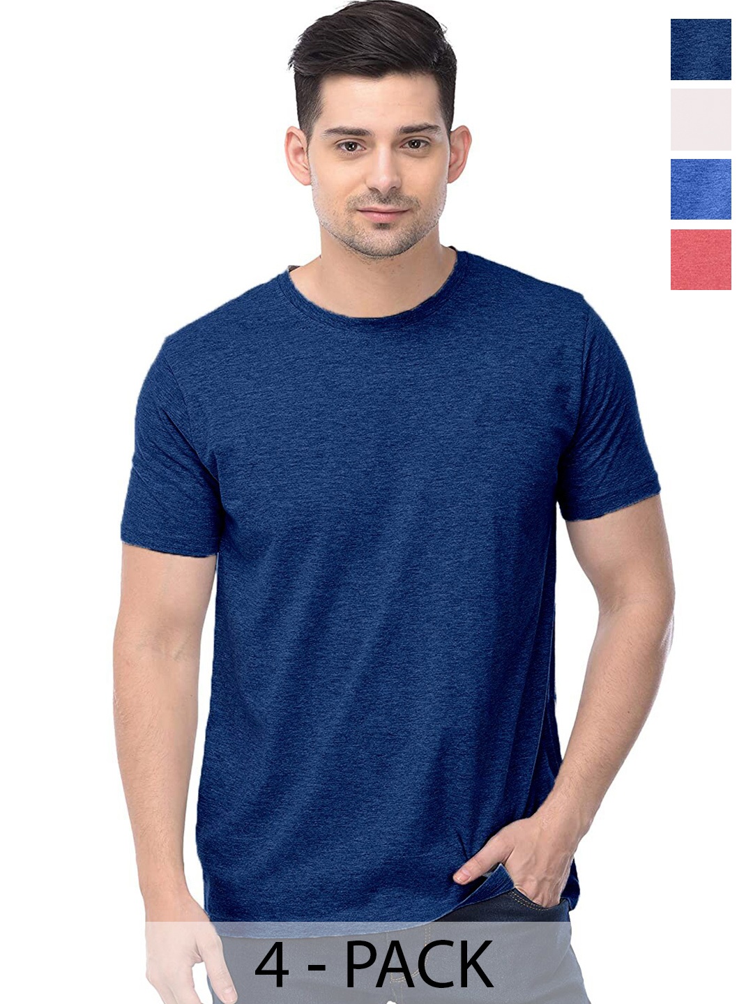 COLOR CAPITAL Pack Of 4 Round Neck Cotton T-shirts, Blue
