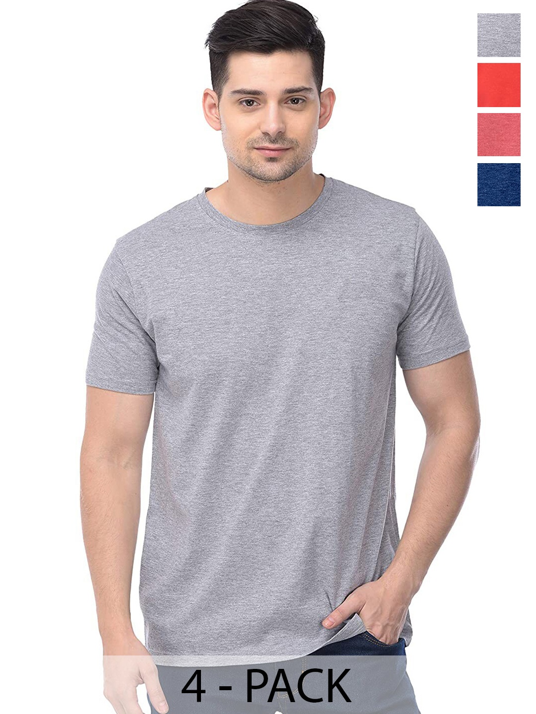 

COLOR CAPITAL Unisex Pack Of 4 Round Neck Cotton Casual T-shirt, Grey