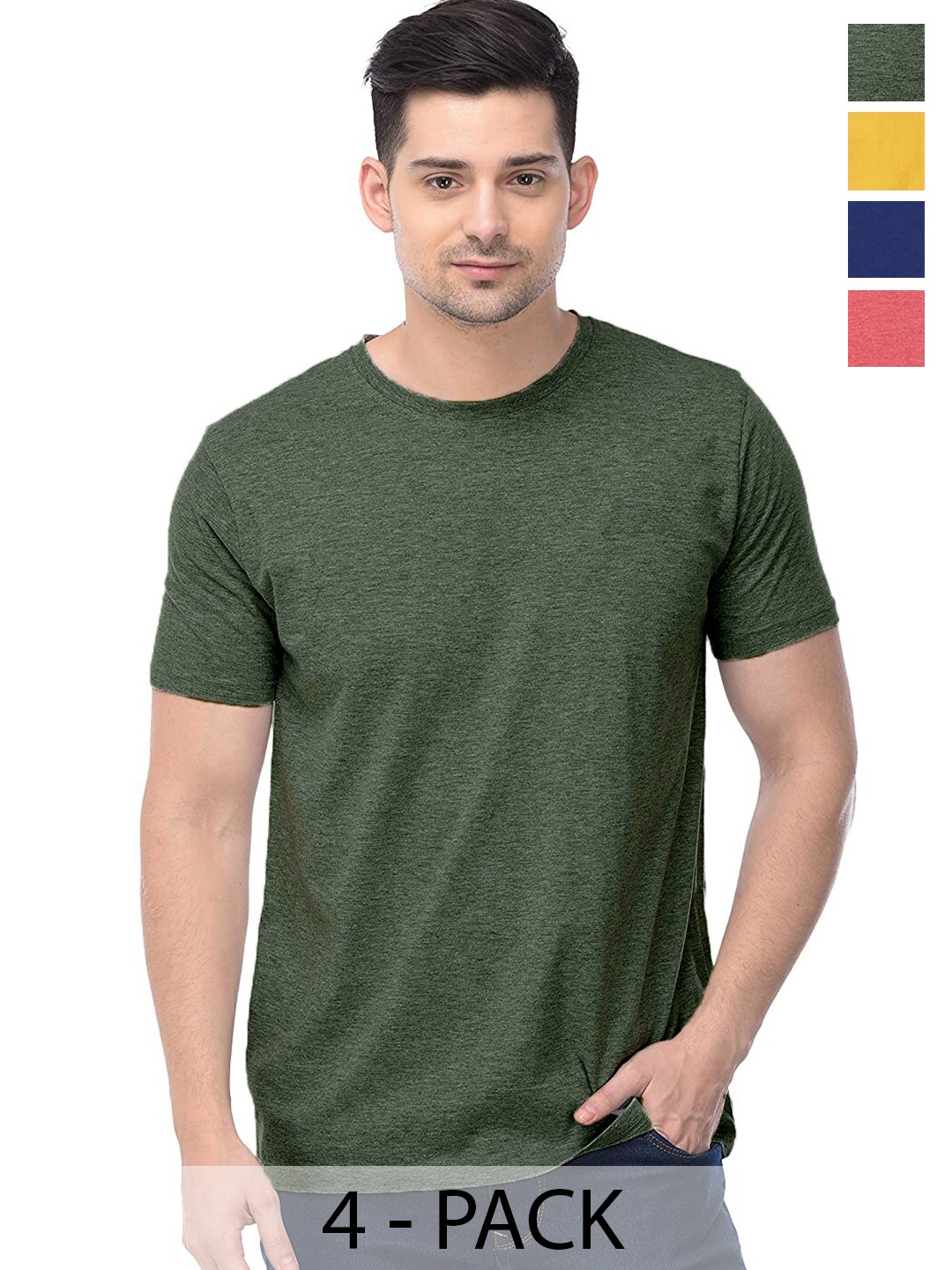 

COLOR CAPITAL Unisex Pack Of 4 Round Neck Casual Cotton T-shirts, Green