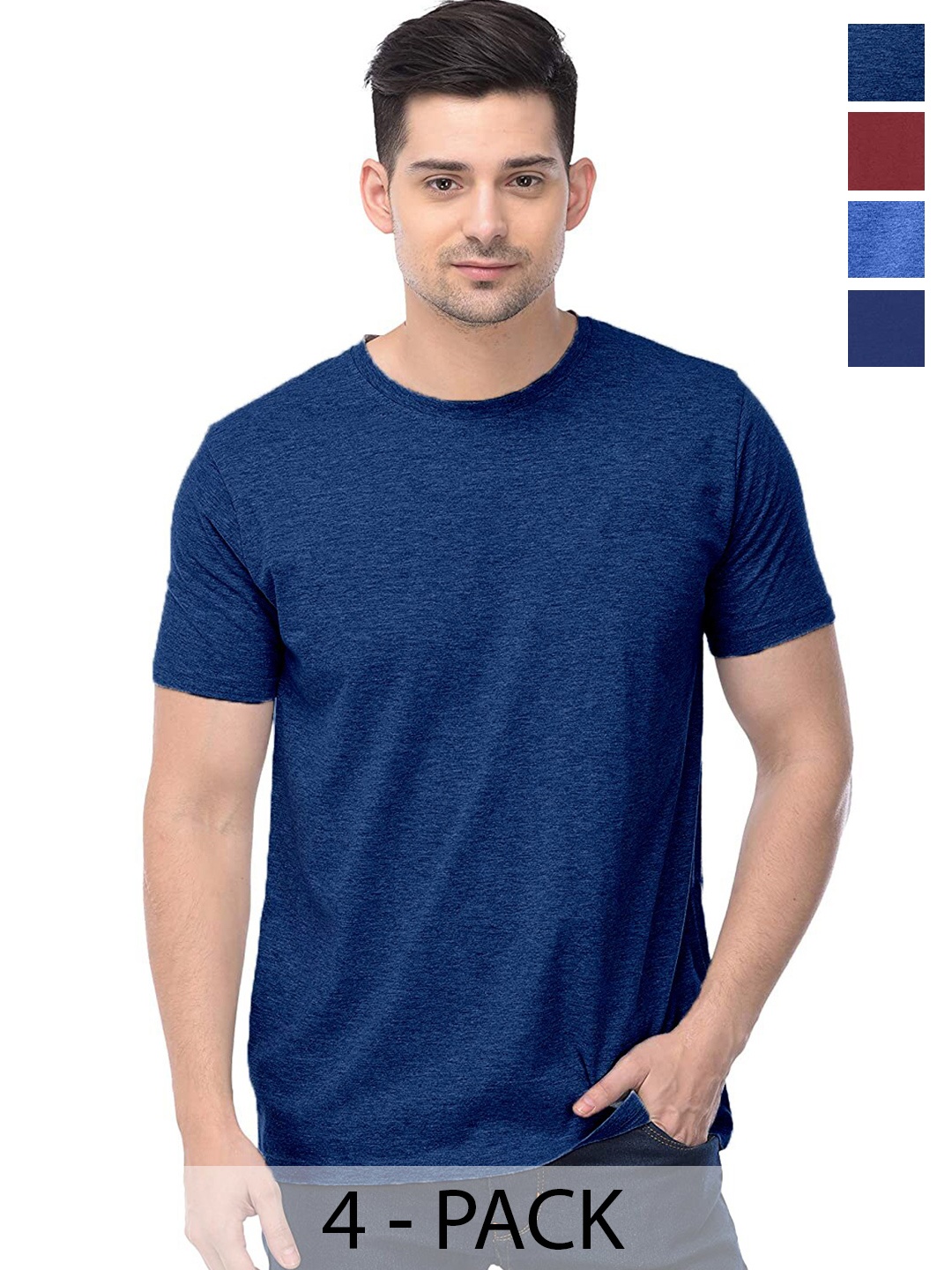

COLOR CAPITAL Unisex Pack Of 4 Round Neck Cotton T-shirt, Blue