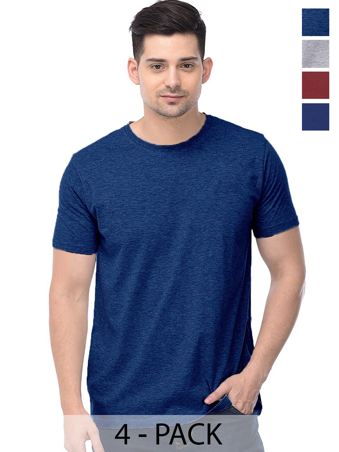 

COLOR CAPITAL Unisex Pack Of 4 Round Neck Casual Cotton T-shirts, Blue