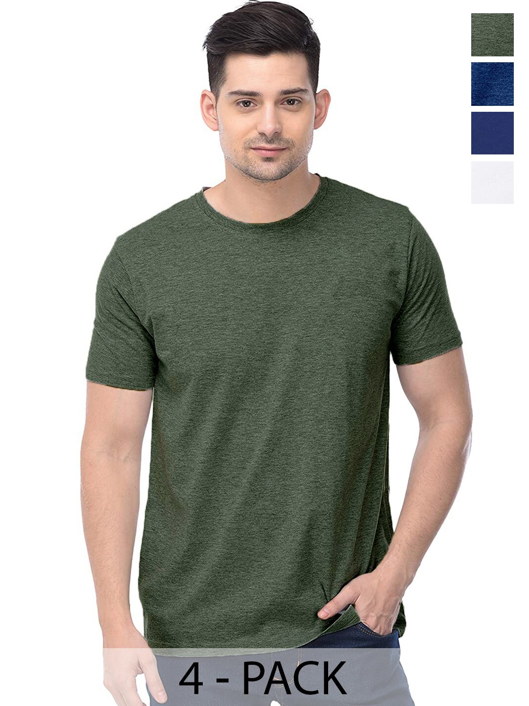 

COLOR CAPITAL Pack of 4 Round Neck Cotton T-Shirts, Green