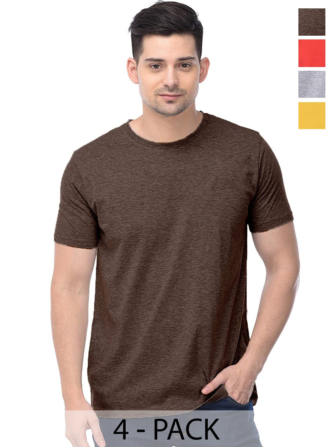 COLOR CAPITAL Unisex Pack Of 4 Round Neck Cotton T-shirt, Brown
