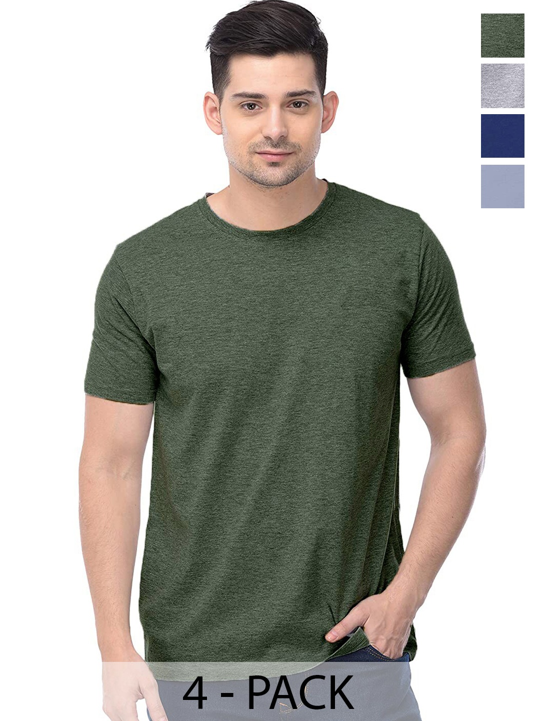 

COLOR CAPITAL Unisex Pack Of 4 Round Neck Short Sleeves Cotton T-shirt, Olive