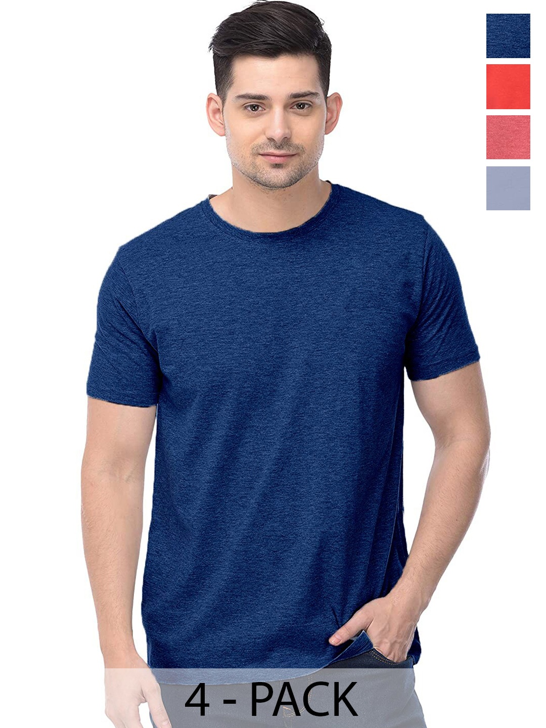 COLOR CAPITAL Unisex Pack Of 4 Round Neck Cotton T-shirt, Blue