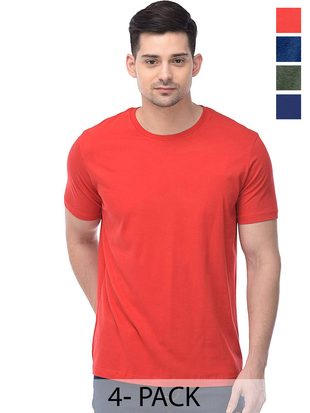 

COLOR CAPITAL Unisex Pack Of 4 Round Neck Cotton T-shirt, Red