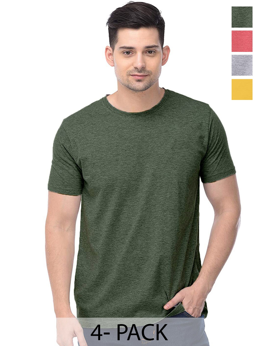 COLOR CAPITAL Unisex Pack Of 4 Round Neck Cotton T-shirts, Green