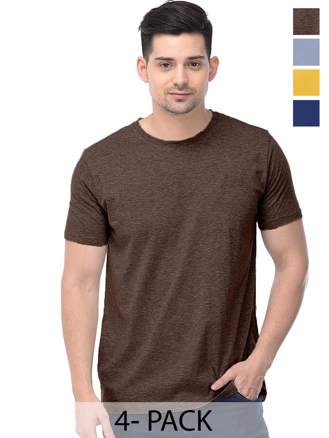 

COLOR CAPITAL Unisex Pack Of 4 Round Neck Cotton T-shirt, Brown