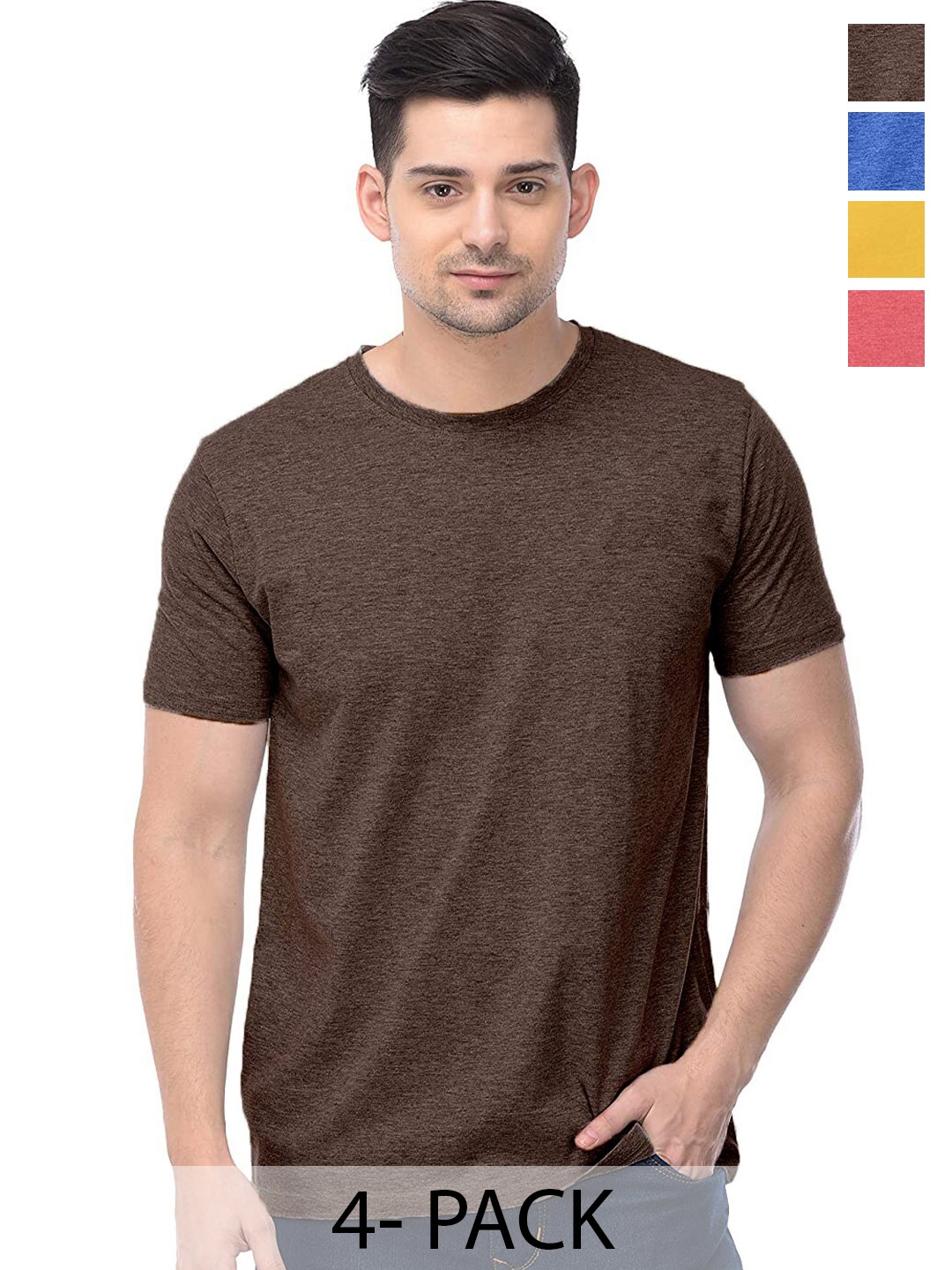 

COLOR CAPITAL Unisex Brown & Blue Pack Of 4 Round Neck Short Sleeves Cotton T-shirts