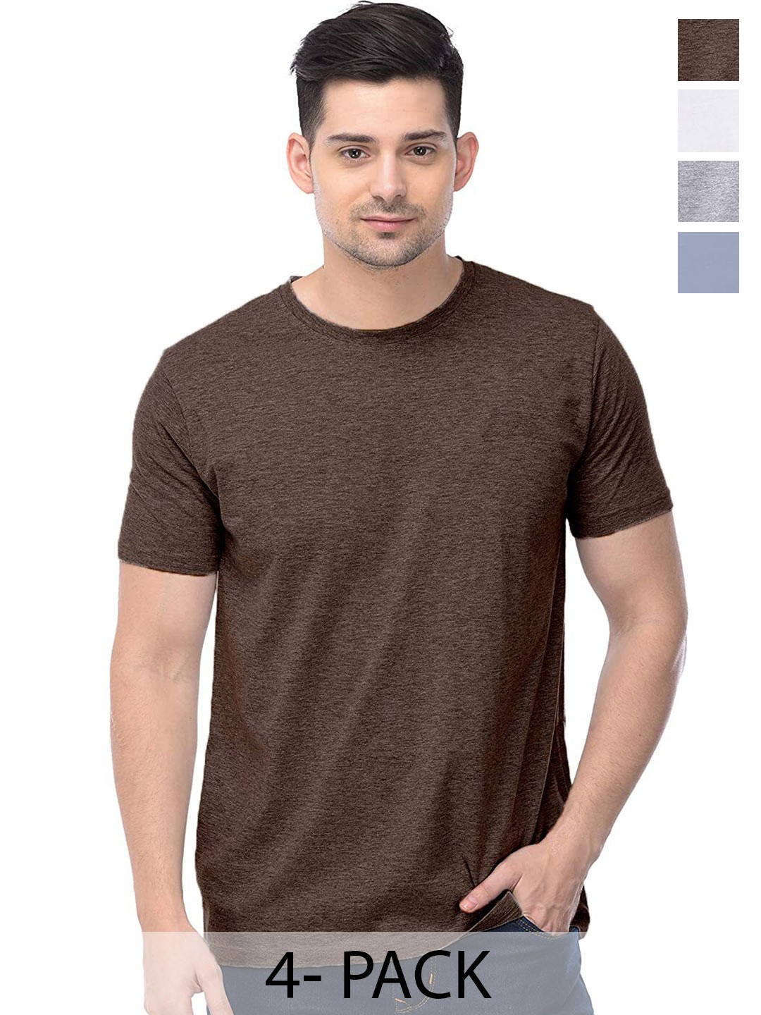 

COLOR CAPITAL Unisex Pack Of 4 Round Neck Cotton T-shirt, Brown