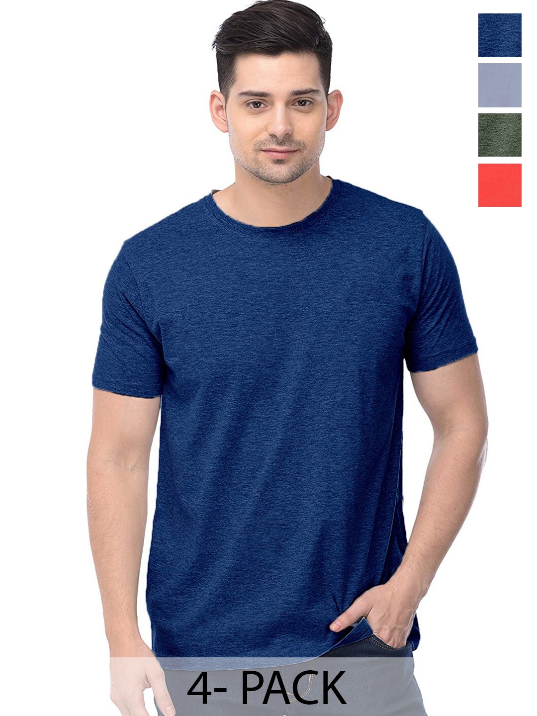 

COLOR CAPITAL Unisex Pack Of 4 Round Neck Cotton T-shirts, Navy blue